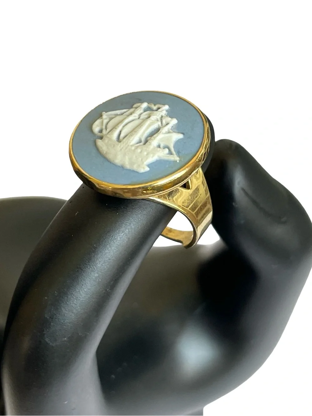Mid-Century Wedgwood Blue Jasperware Cameo Style Adjustable Ring